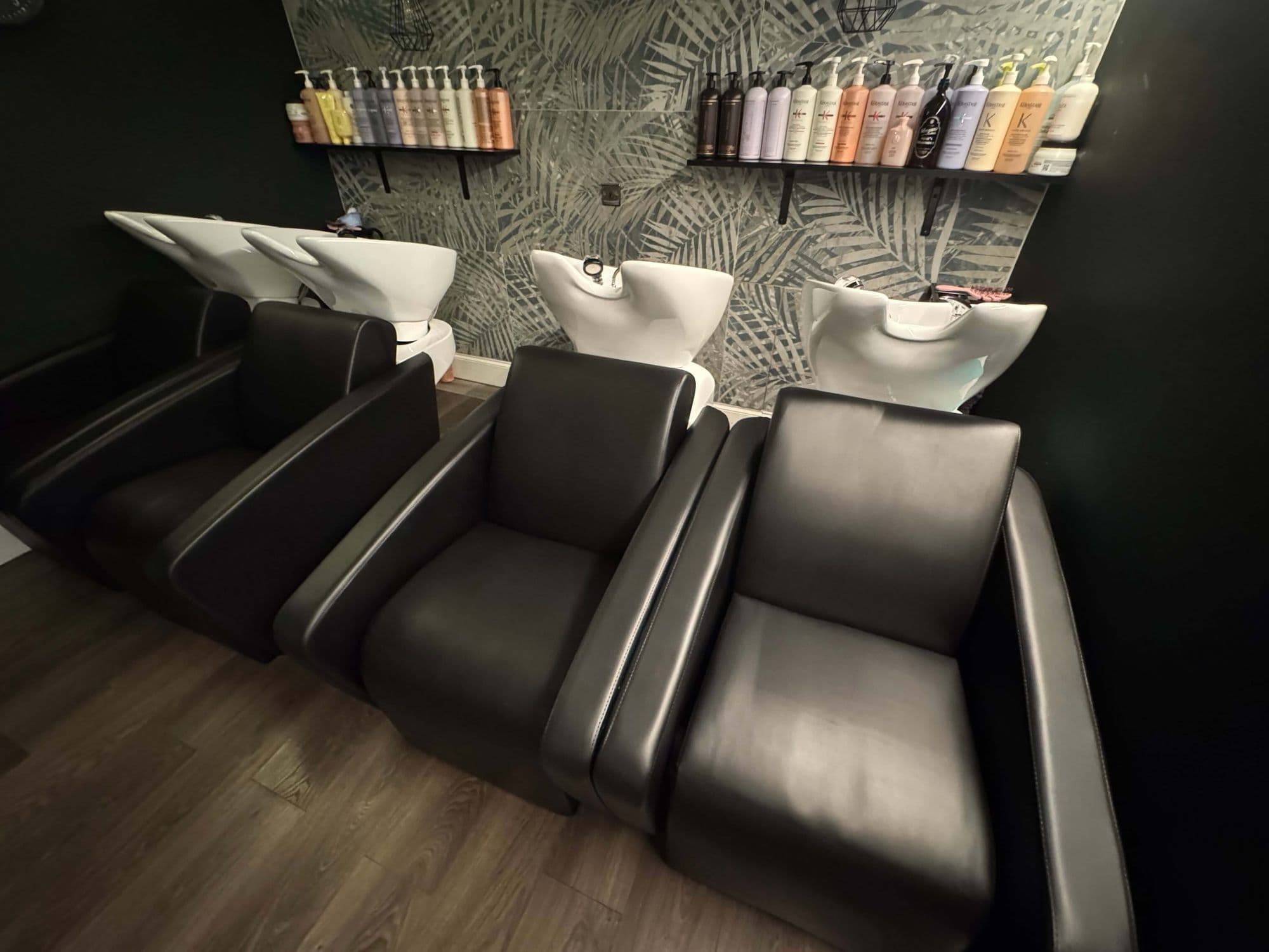 The backwash basins at Clay, product shelves lining the wall above